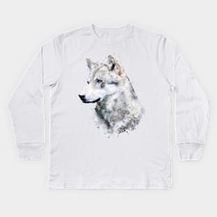 Dramabite Watercolor wolf wolves lover artsy artistic animal wildlife Kids Long Sleeve T-Shirt